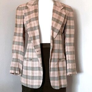 Vintage Preppy Plaid Blazer Peach Tan Olive Green Structured Jacket Sz 4